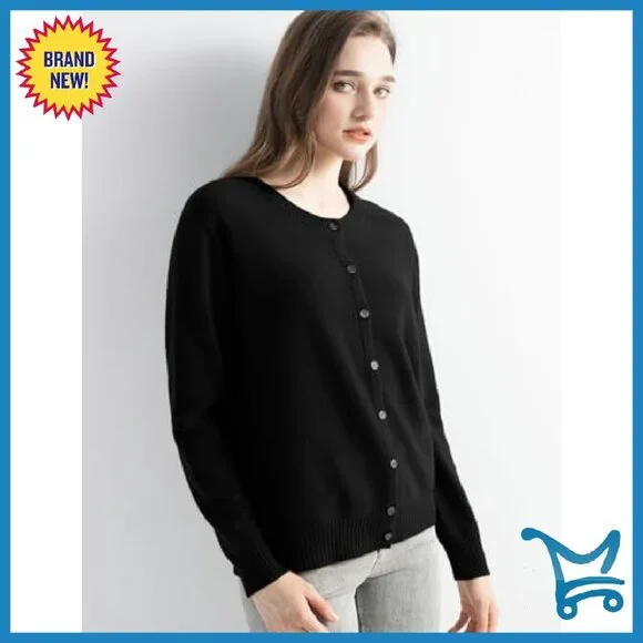 100% Pure Cashmere Cardigan Crew Neck Long Sleeve Knit Sweater